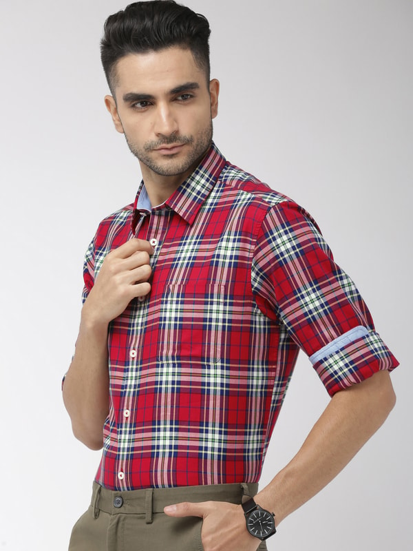 Mens Red Checked Slim Fit Shirt